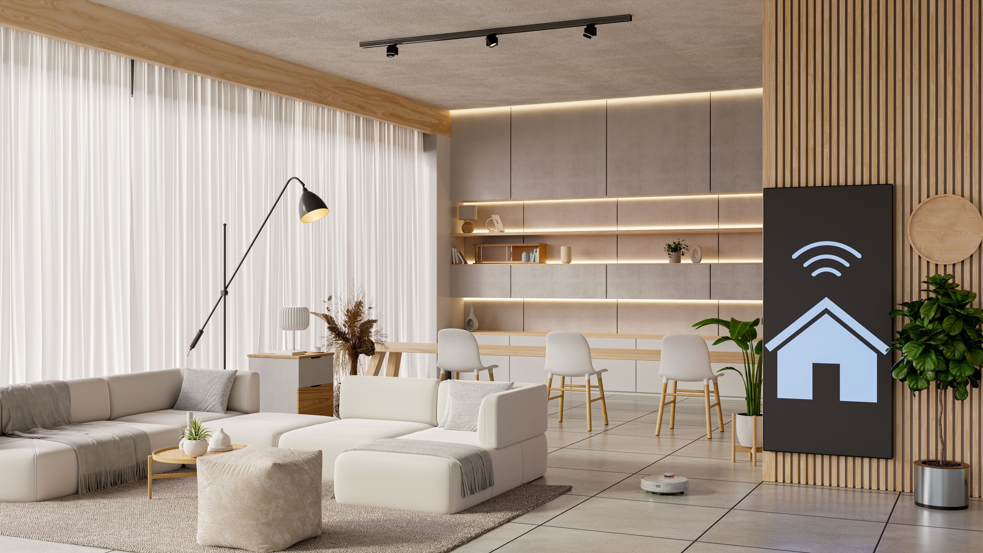 Minimalist interior design combined with smart home technology- 3D rendering